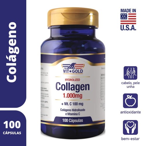 Colágeno Hidrolisado 1000mg Com Vitamina C 100mg Vitgold 100 Cápsulas
