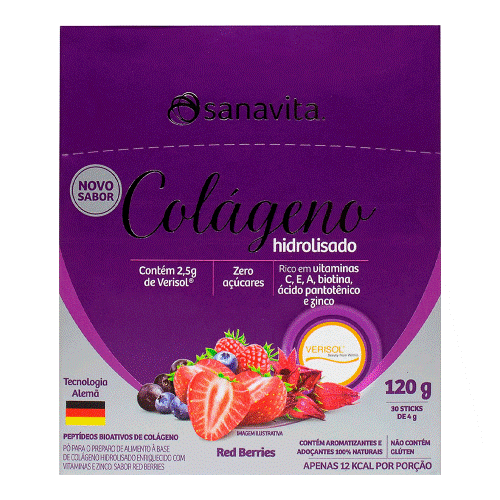 Colágeno Hidrolisado Verisol Sanavita Red Berries 30 Sachês De 4g