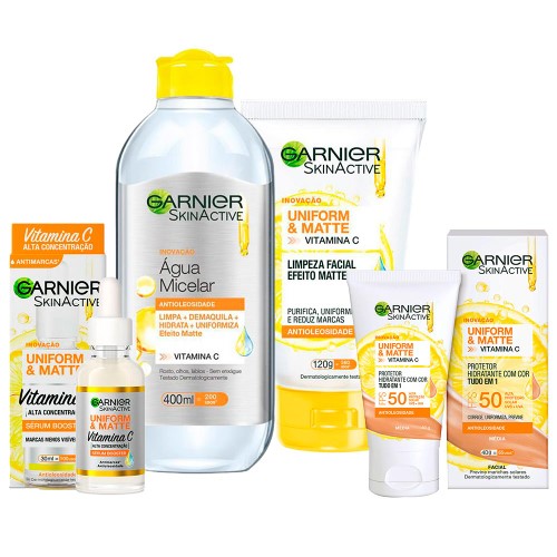 Garnier Skin Uniform & Matte Vitamina C Kit – Sérum + Gel De Limpeza + Água Micelar + Protetor Solar Cor Média