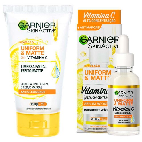 Garnier Skin Uniform & Matte Vitamina C Kit – Sérum Facial + Gel De Limpeza