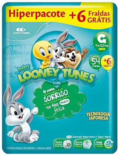 Fralda Baby Looney Tunes Tamanho G Pacote Hiper 54 Fraldas Descartáveis E Ganhe 6 Fraldas