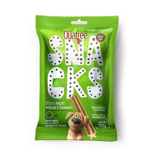 Petisco Quatree Snacks Sticks Sabor Menta Para Cães Raças Médias E Grande 100g