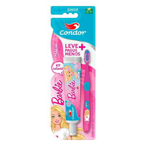 Escova Dental Infantil Condor Barbie + Gel Dental Com Flúor Bubble Gum 50g